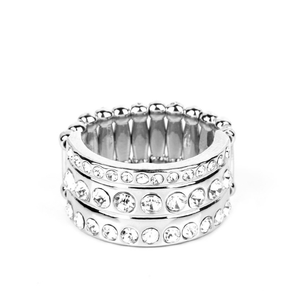 Paparazzi Silver Stretch Ring with Crystal Embellishments Privileged Poise White